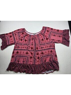 Style & Co Womens 3X Pink Boho Floral Print Peasant Top With Ruffle Hem